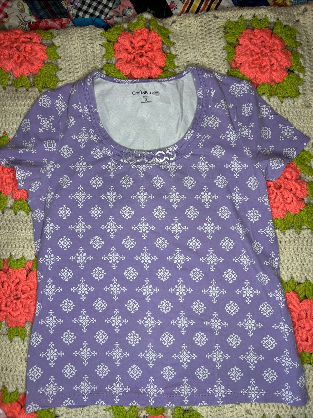 croft & barrow Lavender Short Sleeve Printed Tee with Scoop Neck
